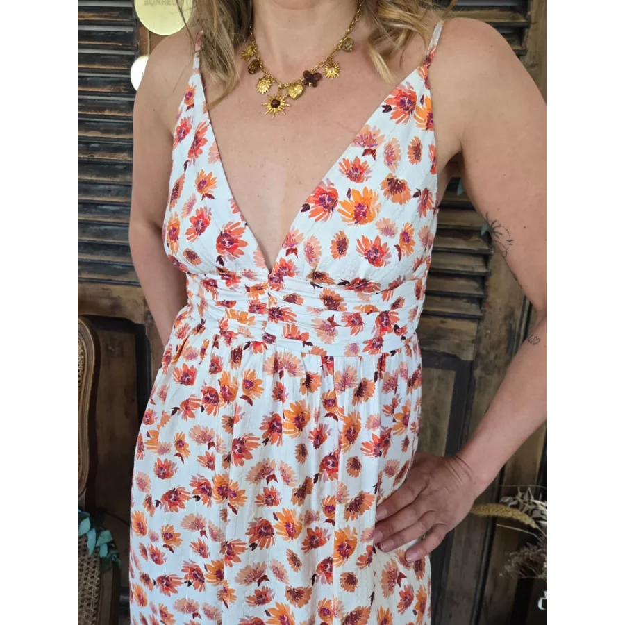Robe longue bretelles Alice fleurs orange