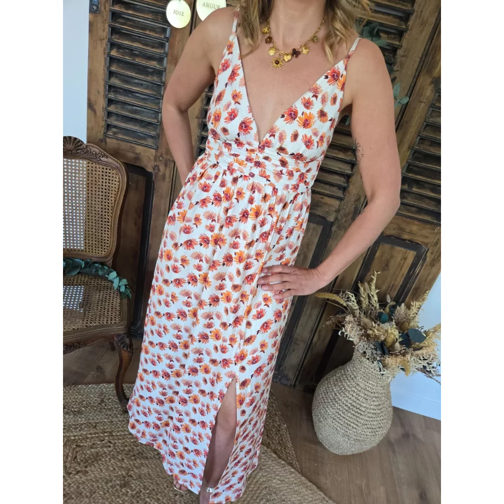 Robe longue bretelles Alice fleurs orange