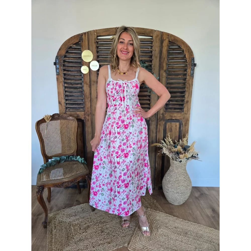 Robe longue bretelles Ava fleurs fuchsia