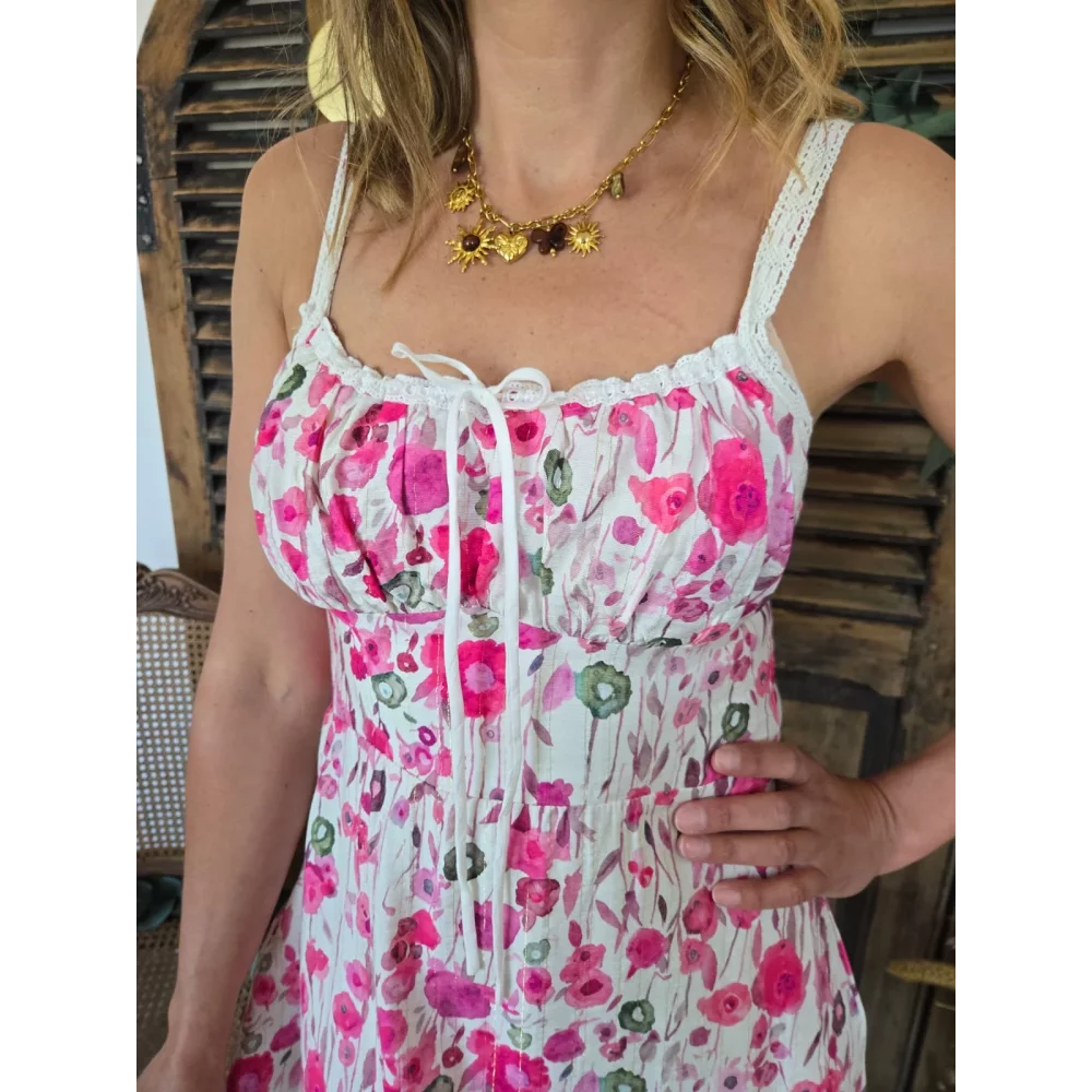 Robe longue bretelles Ava fleurs fuchsia