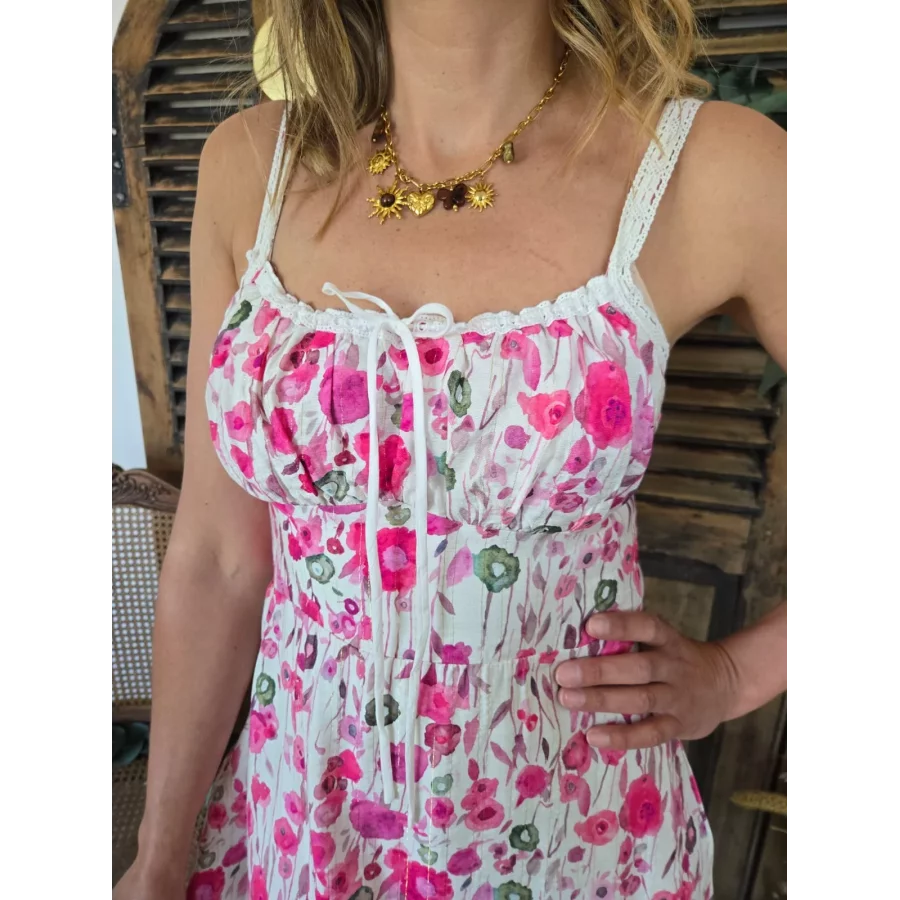 Robe longue bretelles Ava fleurs fuchsia