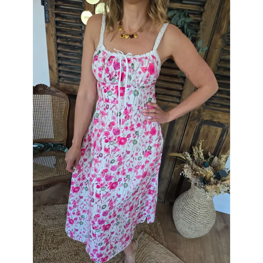 Robe longue bretelles Ava fleurs fuchsia