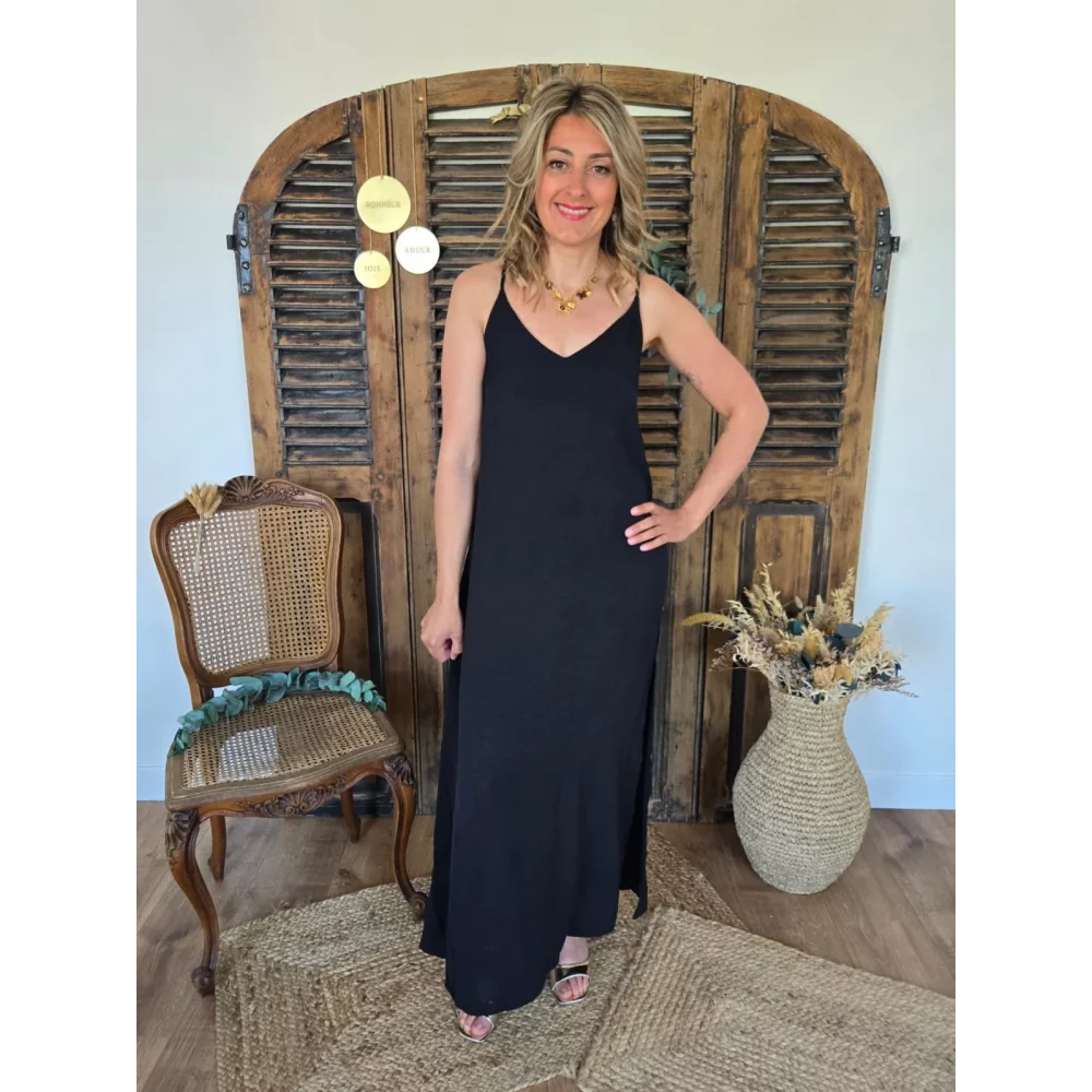 Robe longue Alienor noir fine bretelles