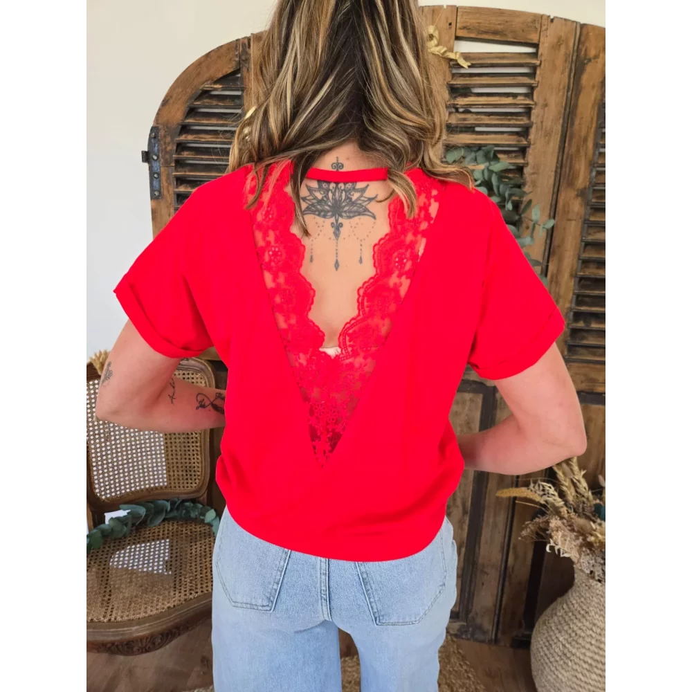 T-shirt Patrice rouge dos dentelle
