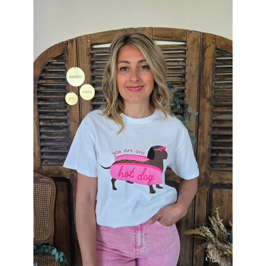 T-shirt blanc Teckel HotDog