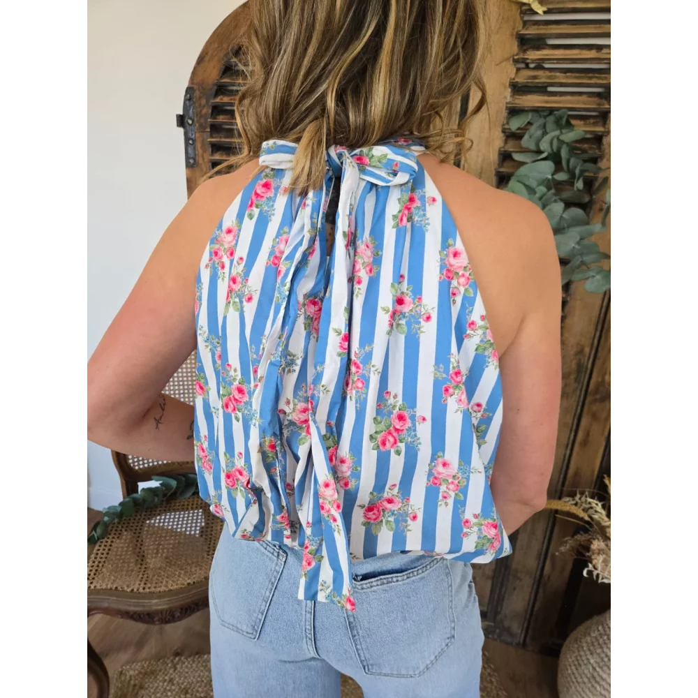 Blouse Sophia rayures bleu et fleurs