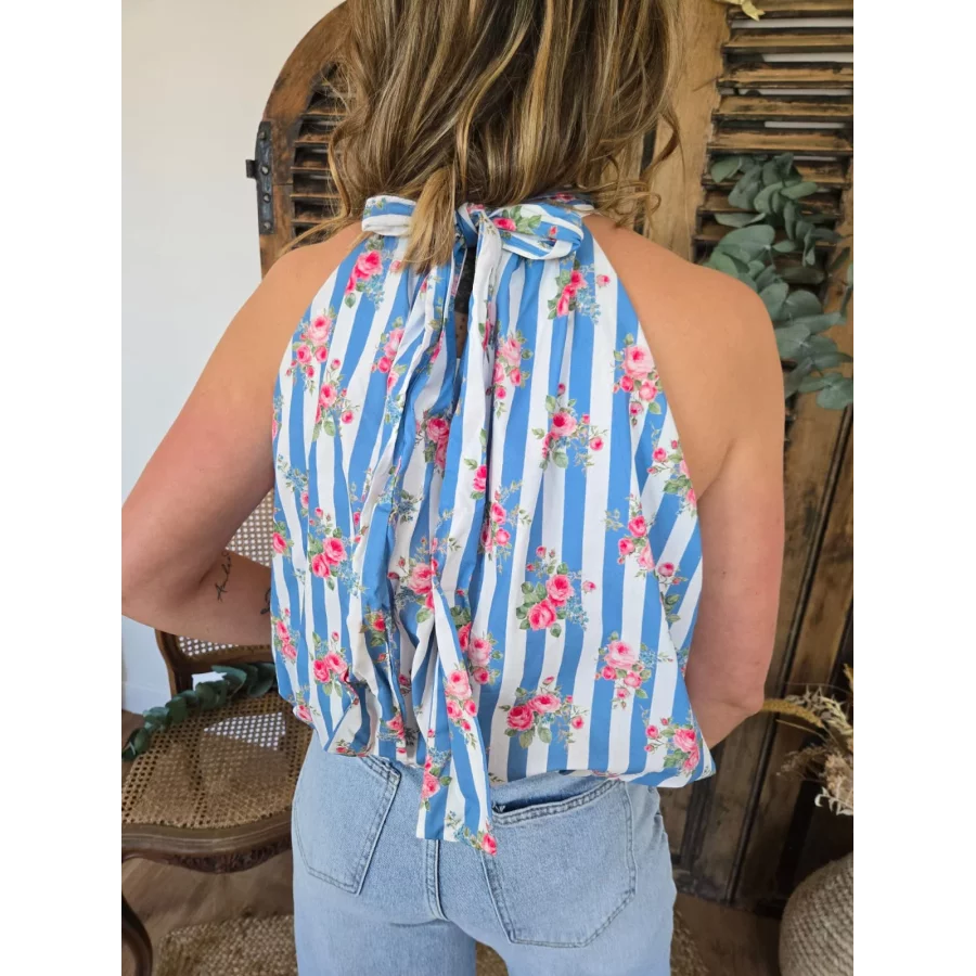 Blouse Sophia rayures bleu et fleurs