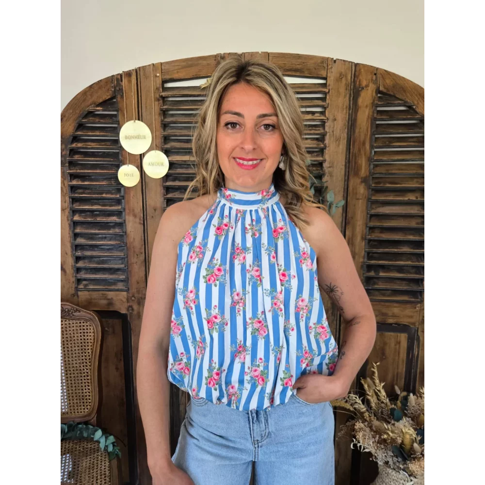 Blouse Sophia rayures bleu et fleurs
