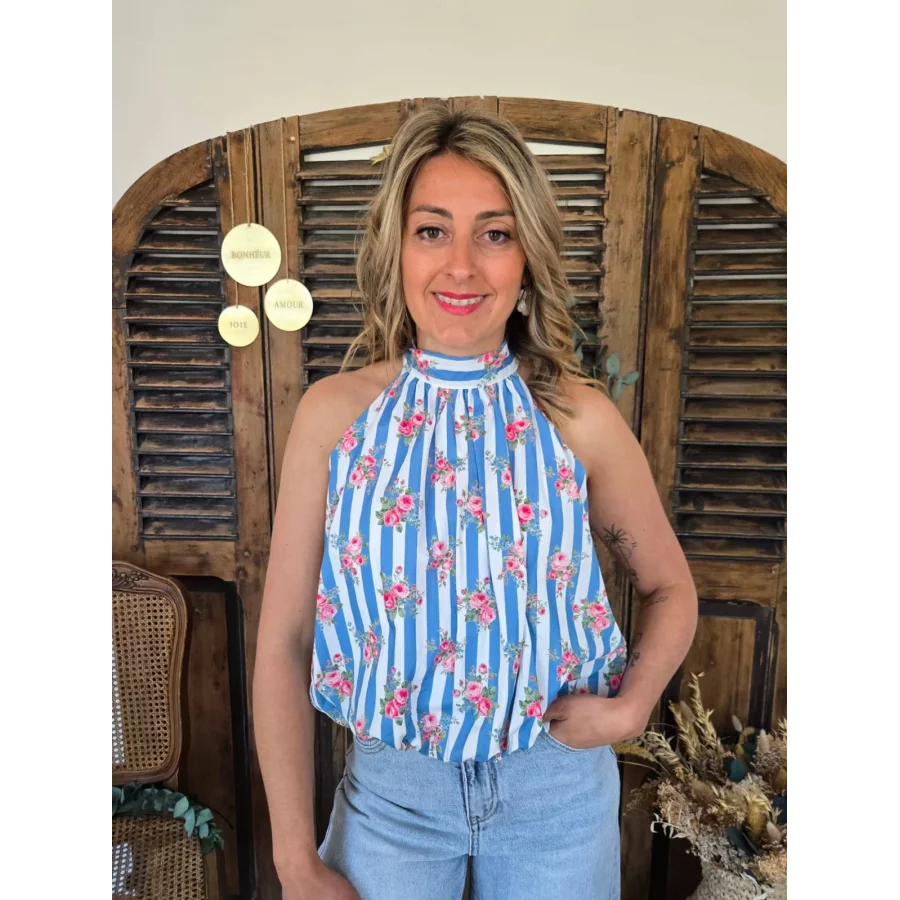 Blouse Sophia rayures bleu et fleurs