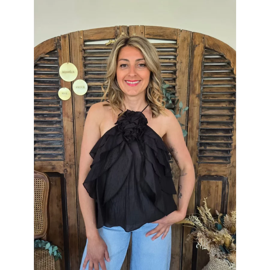 Top Antoine voile noir fleurs