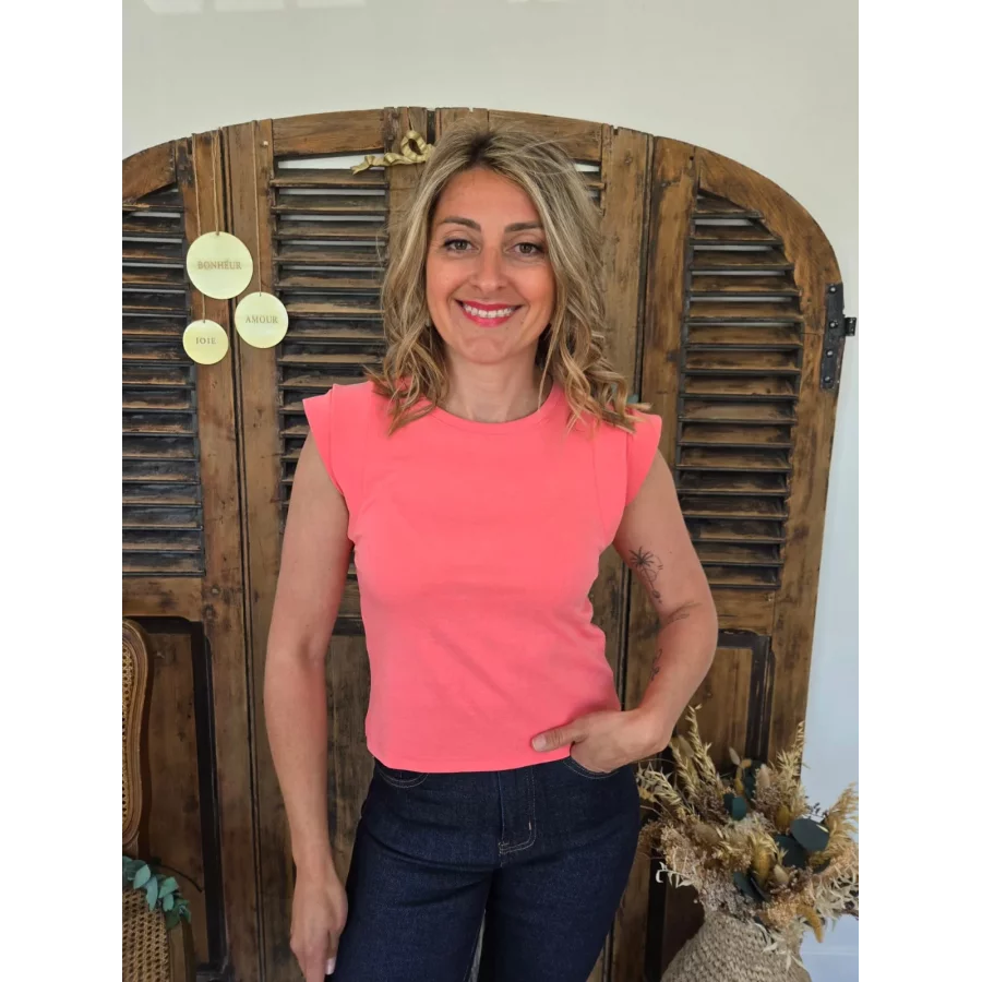 T-shirt Alban effet epaulettes corail
