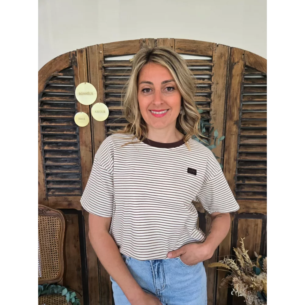T-shirt Arnaud rayé beige et choco