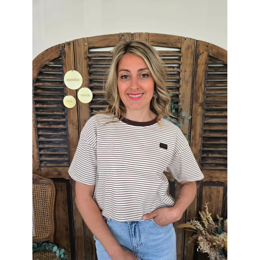 T-shirt Arnaud rayé beige et choco