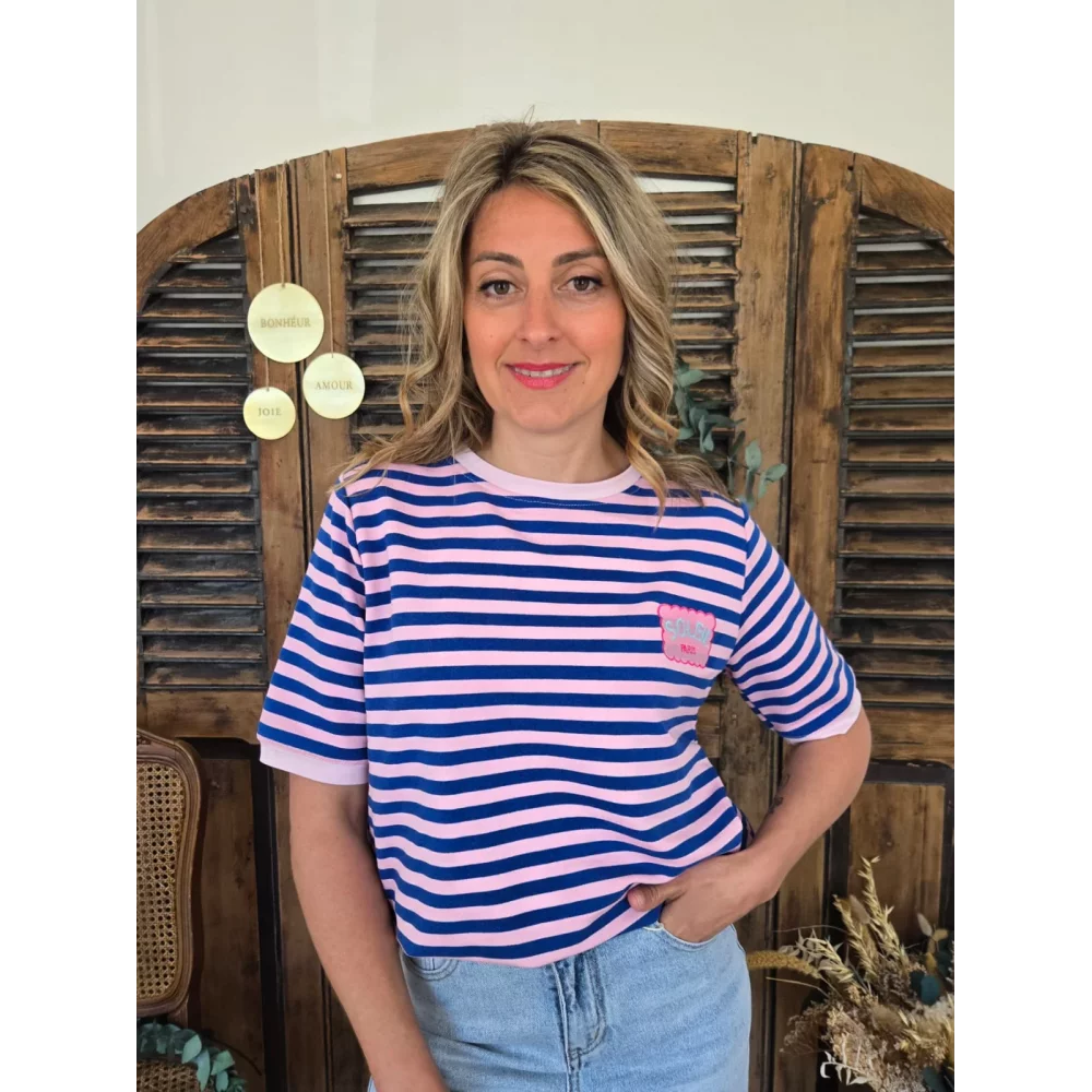 T-shirt Adam rayé bleu et rose patch soleil