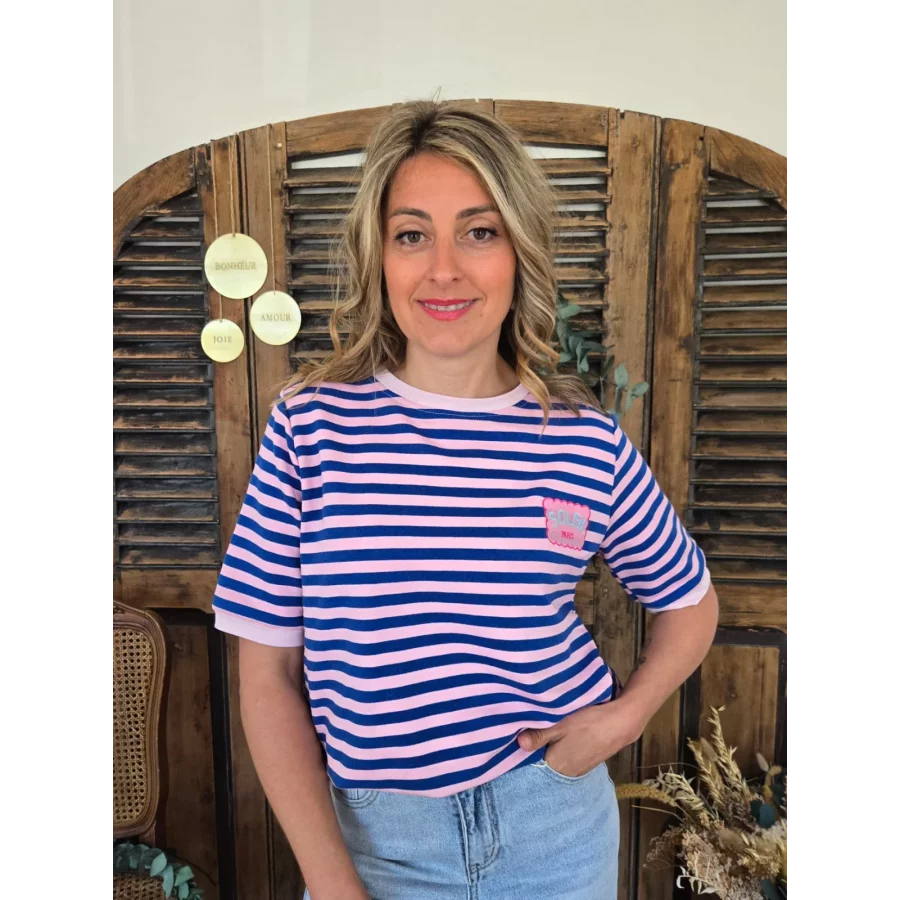 T-shirt Adam rayé bleu et rose patch soleil