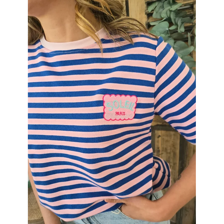 T-shirt Adam rayé bleu et rose patch soleil