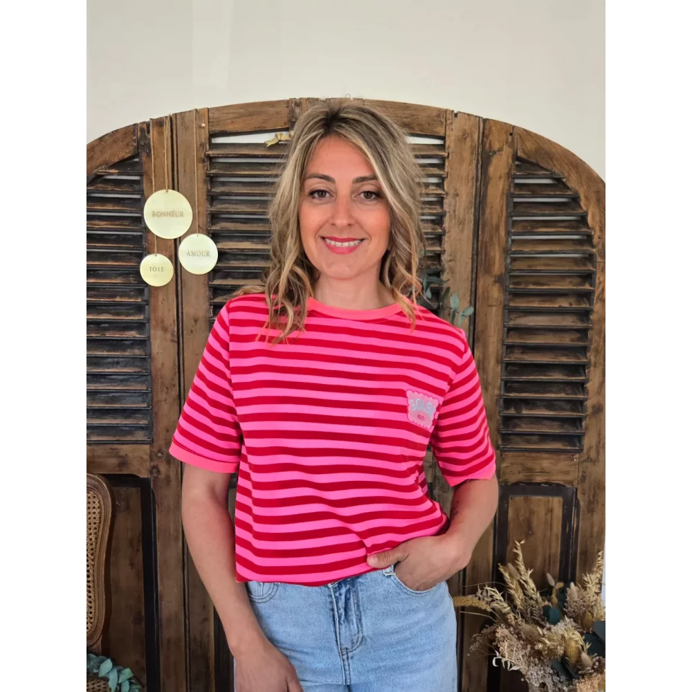 T-shirt Adam rayé bordeaux et rose patch soleil