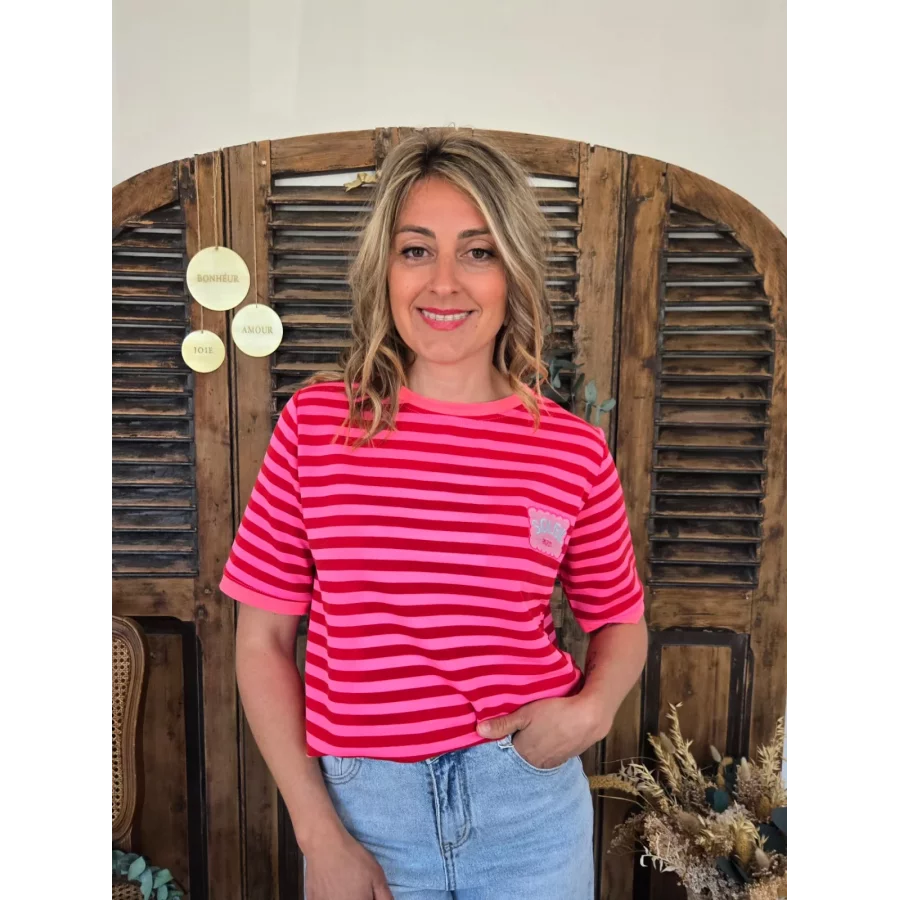 T-shirt Adam rayé bordeaux et rose patch soleil