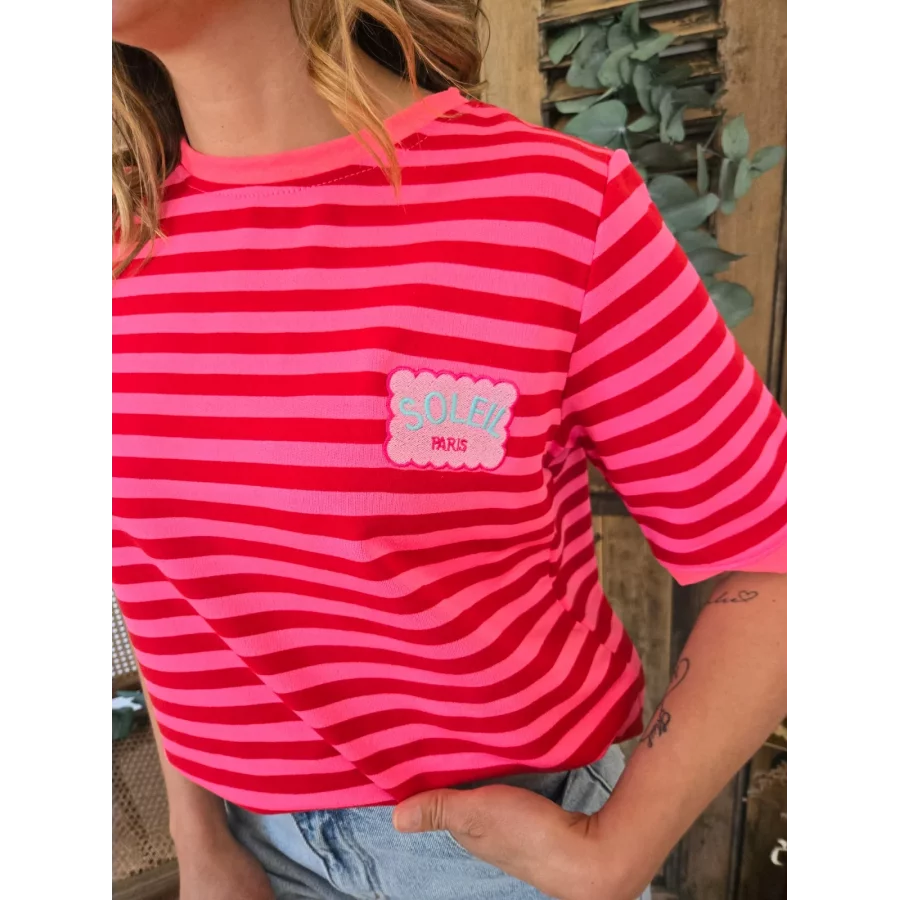 T-shirt Adam rayé bordeaux et rose patch soleil