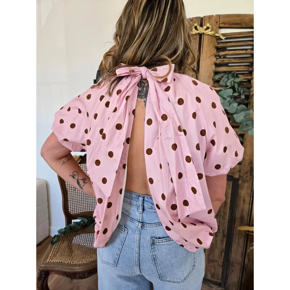 Blouse Emma rose pois choco