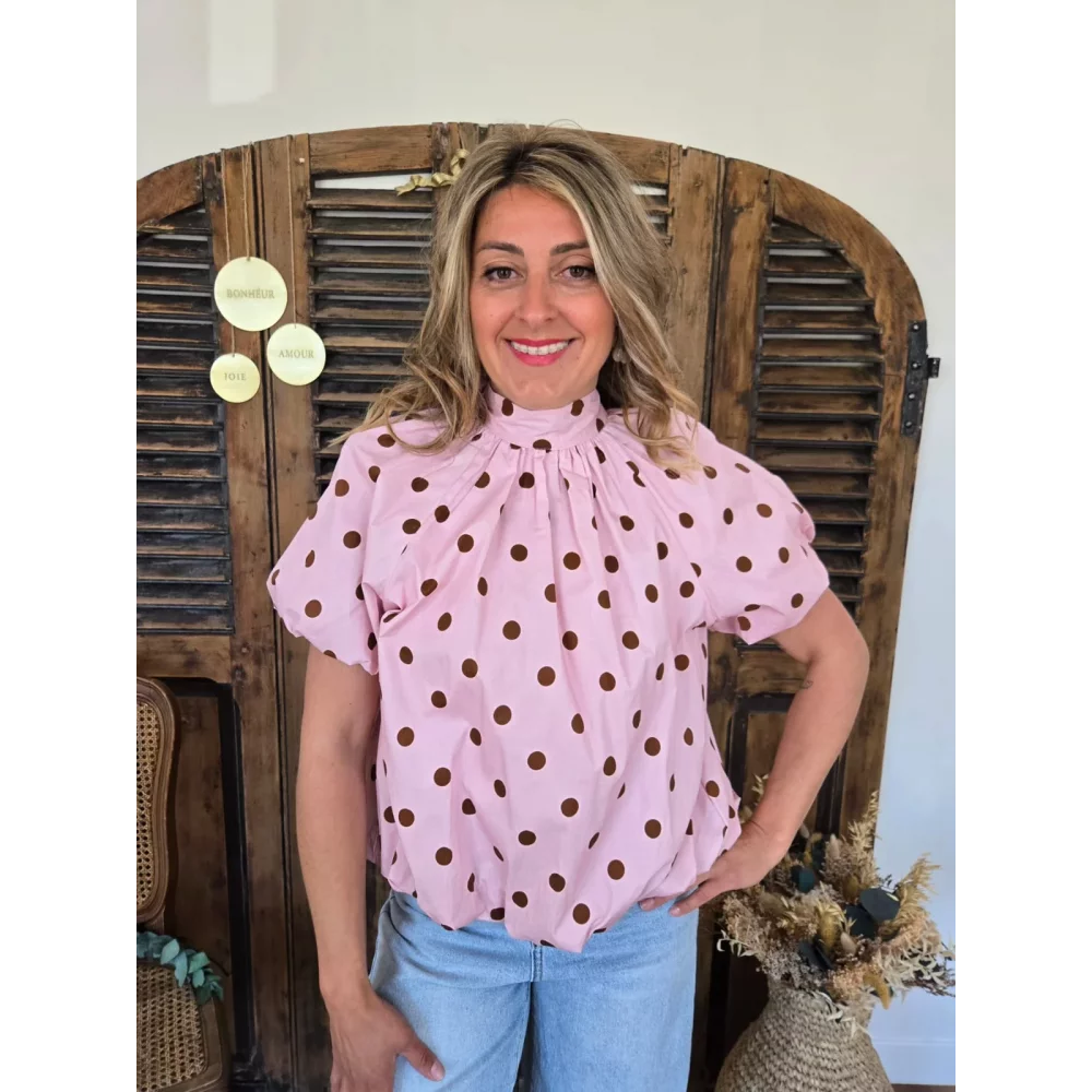 Blouse Emma rose pois choco