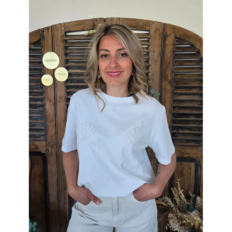 T-shirt blanc coquillages perles