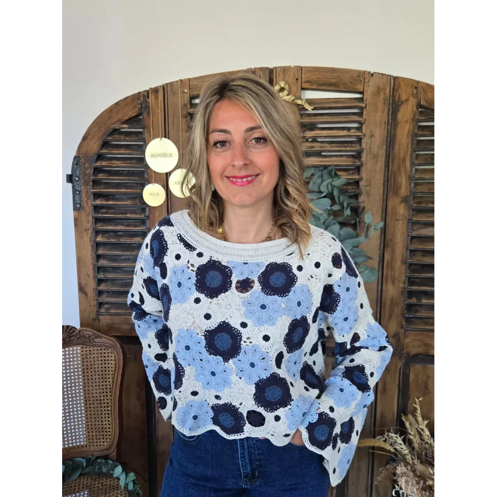 Blouse Johan crochet fleurs bleu