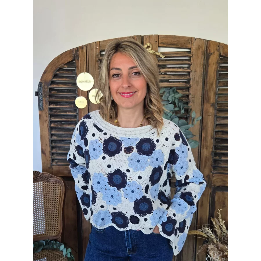 Blouse Johan crochet fleurs bleu