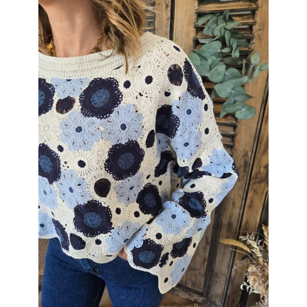 Blouse Johan crochet fleurs bleu