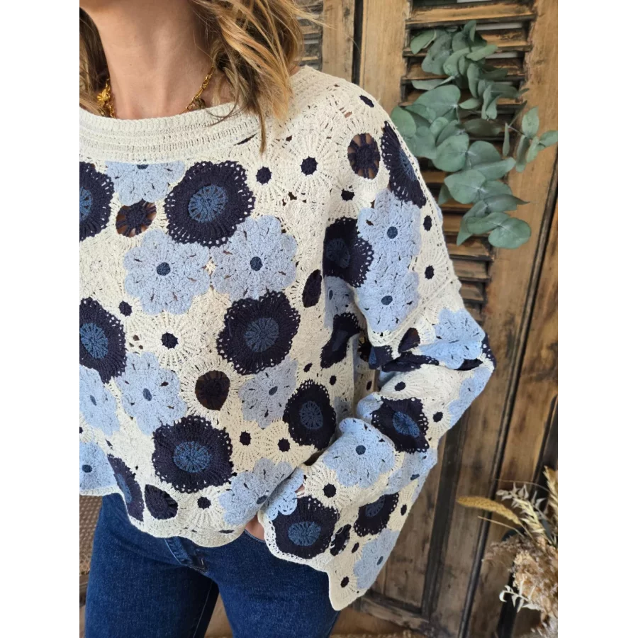 Blouse Johan crochet fleurs bleu