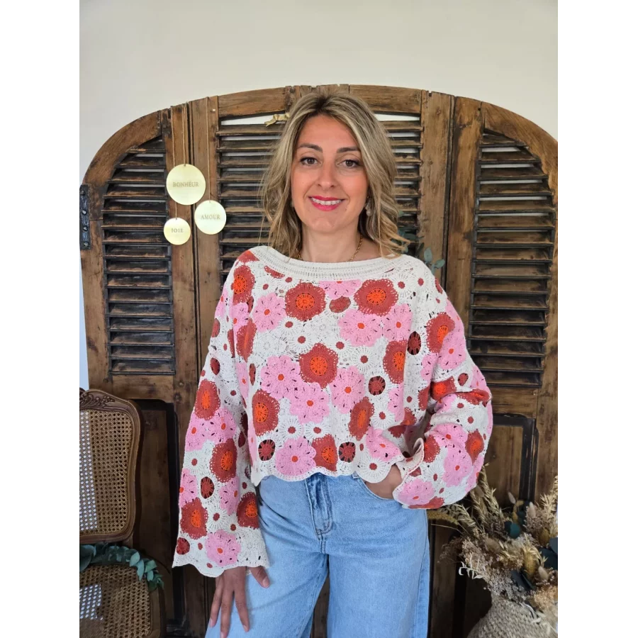 Blouse Johan crochet fleurs rose