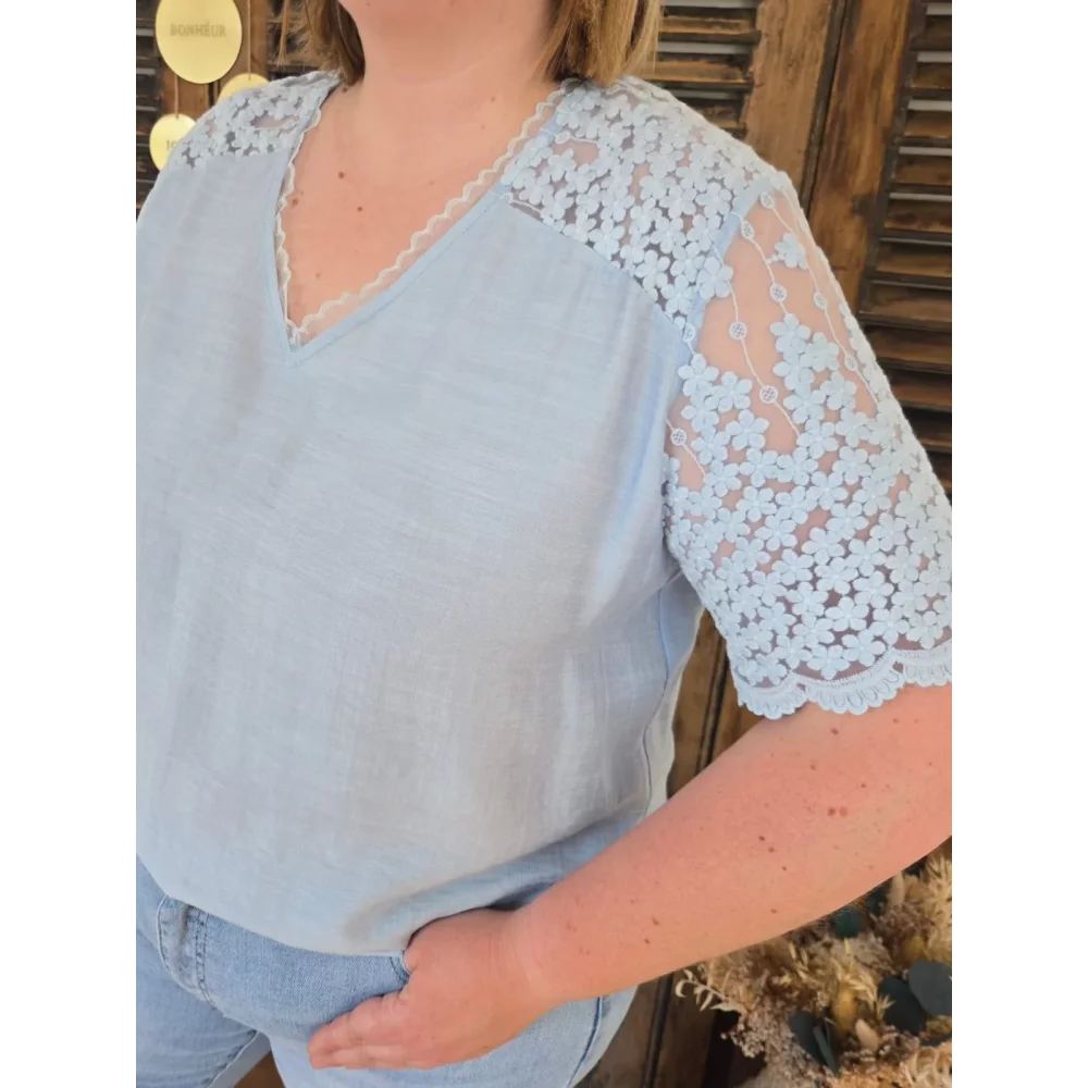 Blouse Tiffany bleu ciel dentelle