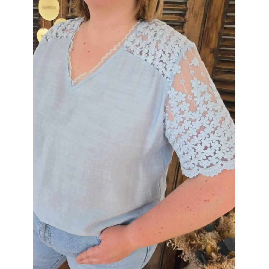 Blouse Tiffany bleu ciel dentelle